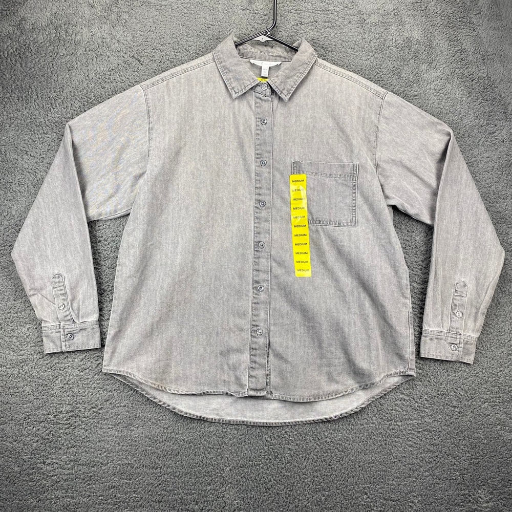 Seven‎ 7 Denim Button Up Shirt Long Sleeve Casual Smoke Solid Gray Medium